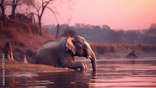 Elephant animal sitting river bank AI Generated pictures