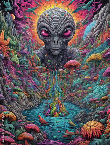 Psychedelic Sensory Experience - Close-up of alien, bird of prey, and water in a mind-bending, 3D, and vibrant optical illusion art Gen AI photo