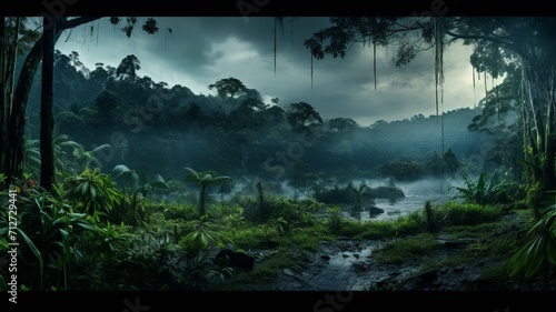 A panoramic view of a misty jungle morning, with towering trees disappearing into the fog -Generative Ai