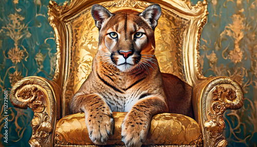 Majestic Puma sitting on a golden Grand Edwardian Chair  close up of the animal while looking at the camera on a royal chair. Wild animals immersed in luxury.