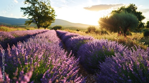 Lavender field Summer sunset landscape with tree. Blooming violet fragrant lavender flowers with sun rays with warm sunset sky