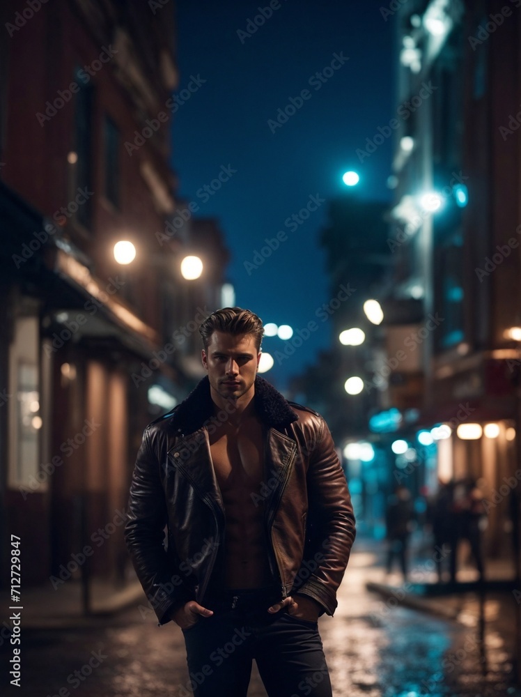 Man Standing on City Street at Night. Generative AI. Man Standing on City Street at Night. Generative AI.