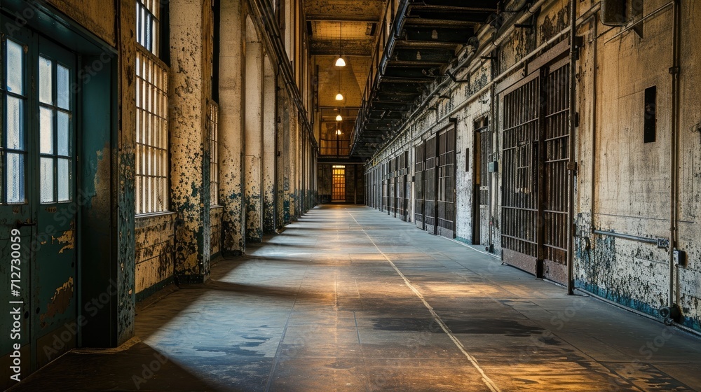 Interior of an old abandoned prison building with long corridor and light