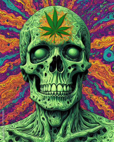 Psychedelic Sensory Overload - Surreal Pop Art Illustration of a Nude Man with Swirling Skull and Eerie Green Highlights Gen AI photo