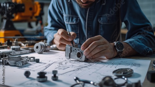 Engineer technician designing drawings mechanical parts engineering Engine manufacturing factory Industry Industrial work project blueprints measuring bearings caliper tools photo