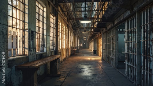 The interior of an old abandoned prison building