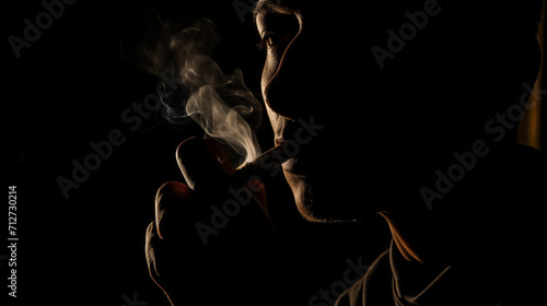 Silhouette d'une personne en train de fumer une cigarette. Sur fond noir, ambiance sombre. Tabac, cigare, fumée. Pour conception et création graphique.