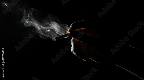 Silhouette d'une personne en train de fumer une cigarette. Sur fond noir, ambiance sombre. Tabac, cigare, fumée. Pour conception et création graphique. photo
