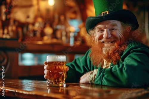 An Irish bearded leprechaun in a green hat sits in a pub and drinks beer against the background of a blurred bar, copy space. Happy St. Patrick's Day