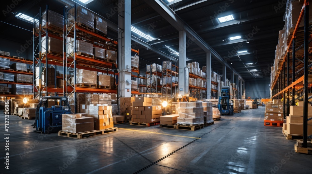 Cardboard boxes on pallets in distribution warehouse