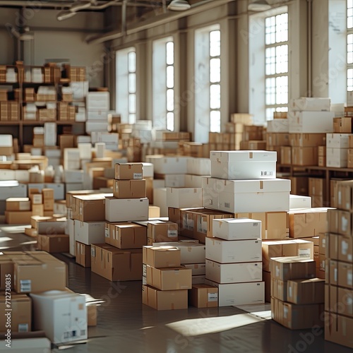 Cardboard boxes on pallets in distribution warehouse