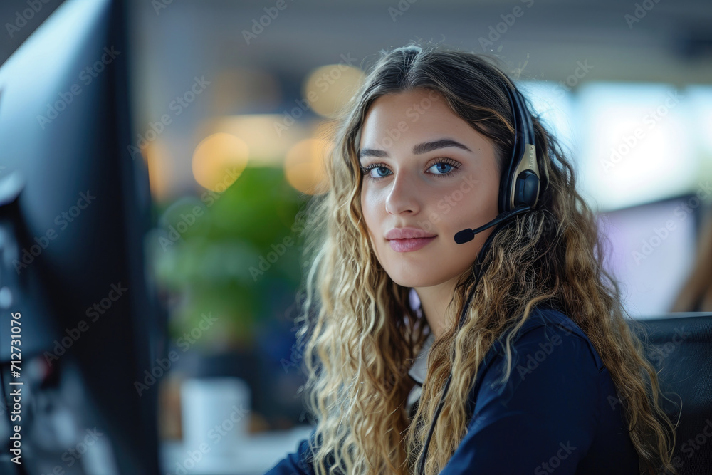 Call center. Woman answering on a phone call. Customer service concept Call center. Woman answering on a phone call. Customer service concept