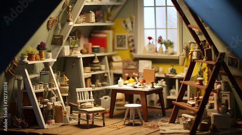 A miniature dollhouse attic transformed into a whimsical art studio. Tiny easels, paint palettes, and brushes create a charming space for imaginary artistic pursuits within the toy house