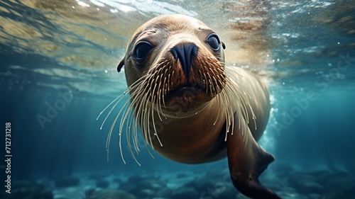 A playful sea lion twisting and turning in the water, creating ripples and bubbles as it moves with effortless grace -Generative Ai photo
