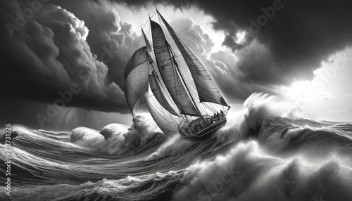 A sailboat heaves amidst colossal waves under stormy skies, its sails full in the fierce wind photo