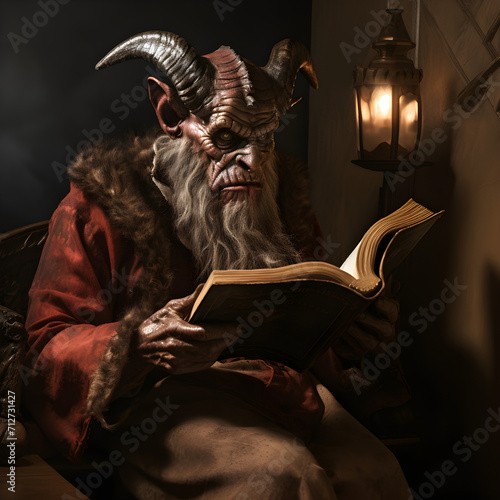 The devil reading the bible. Satan reading a big holy book. 