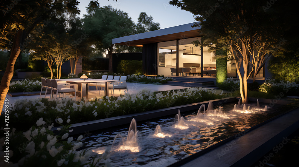 A modern garden with sculptural plant arrangements, a water feature, and strategic lighting. The outdoor space is designed to be visually captivating, creating a sense of tranquility