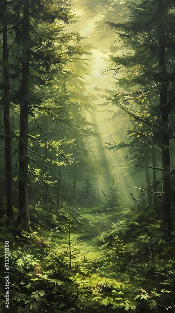 Painting of Forest With Sunbeams Peeking Through