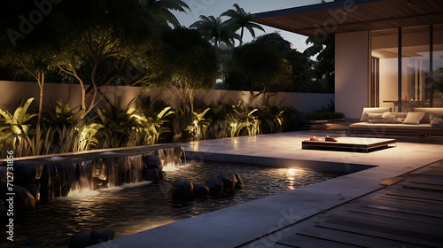 A modern garden with sculptural plant arrangements, a water feature, and strategic lighting. The outdoor space is designed to be visually captivating, creating a sense of tranquility