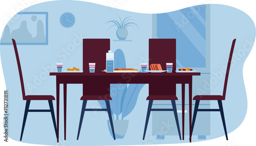 Dining room interior with served table, chairs, meals, and window. Modern home dinner setup, cozy eating space vector illustration. © Seahorsevector