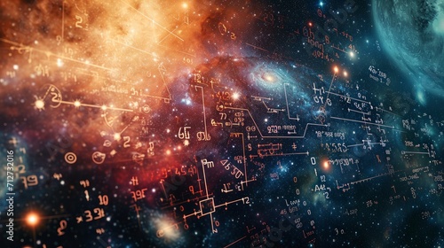 Mathematical and physical formulas against the background of a galaxy in universe. Space Background on the theme of science and education photo