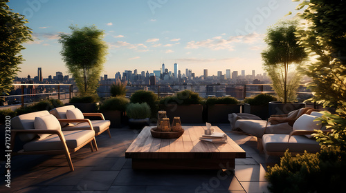  A modern rooftop terrace with sleek furniture, potted plants, and stunning city views. The design emphasizes both functionality and aesthetics, creating an inviting outdoor space high above the urban © Love Mohammad
