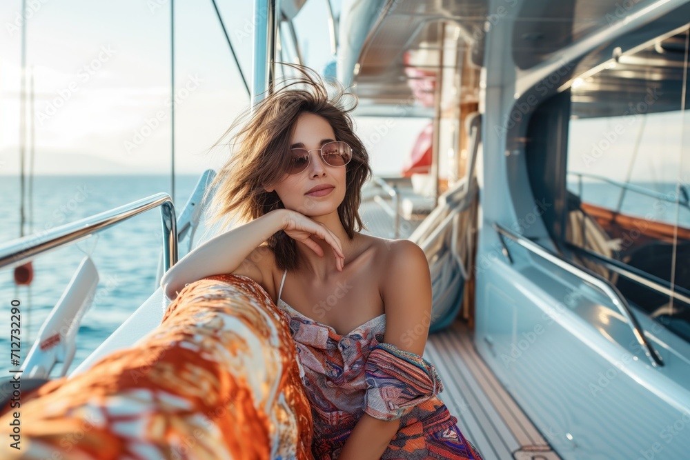 Chic Woman Enjoying Luxury Yacht Cruise. Generative AI.