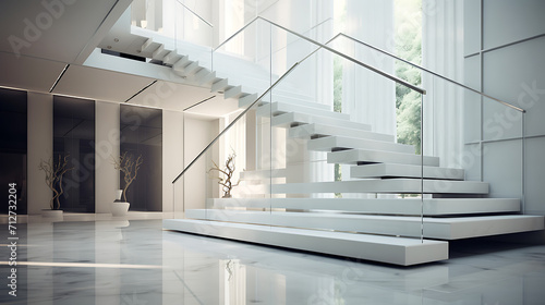 A monochromatic staircase with white marble steps and a glass balustrade. The design exudes a sense of luxury and modern elegance  creating a seamless integration with a contemporary interior