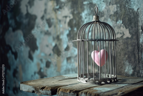 Pink heart inside the bird cage. Love concept. Generative AI