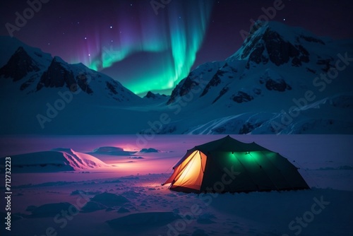 A Tent in Snow With Aurora Lights Illuminating the Night Sky. Generative AI.