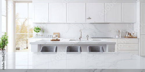 Spacious, beautiful kitchen with an empty, white marble table for design.