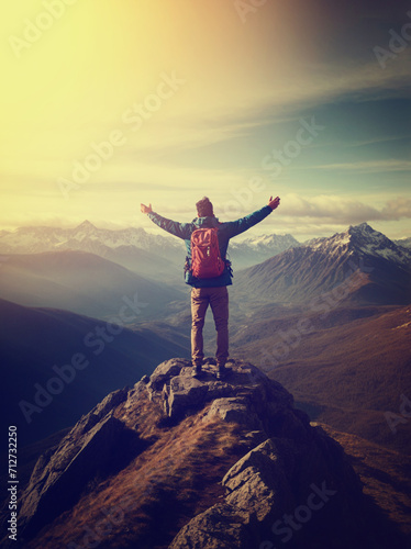 Man Standing on Top of Mountain, Arms Wide Open in Triumph. Generative AI. © theartofphoto