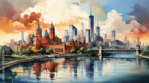 a watercolor big city skyline © duyina1990
