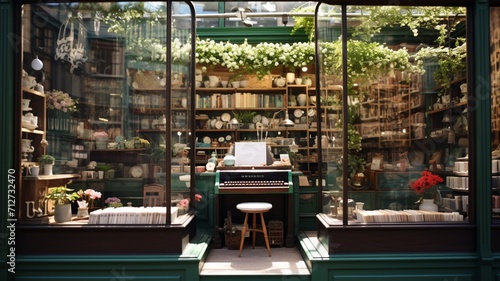 A quaint bookstore window adorned with love-themed novels and vintage typewriters -Generative Ai photo