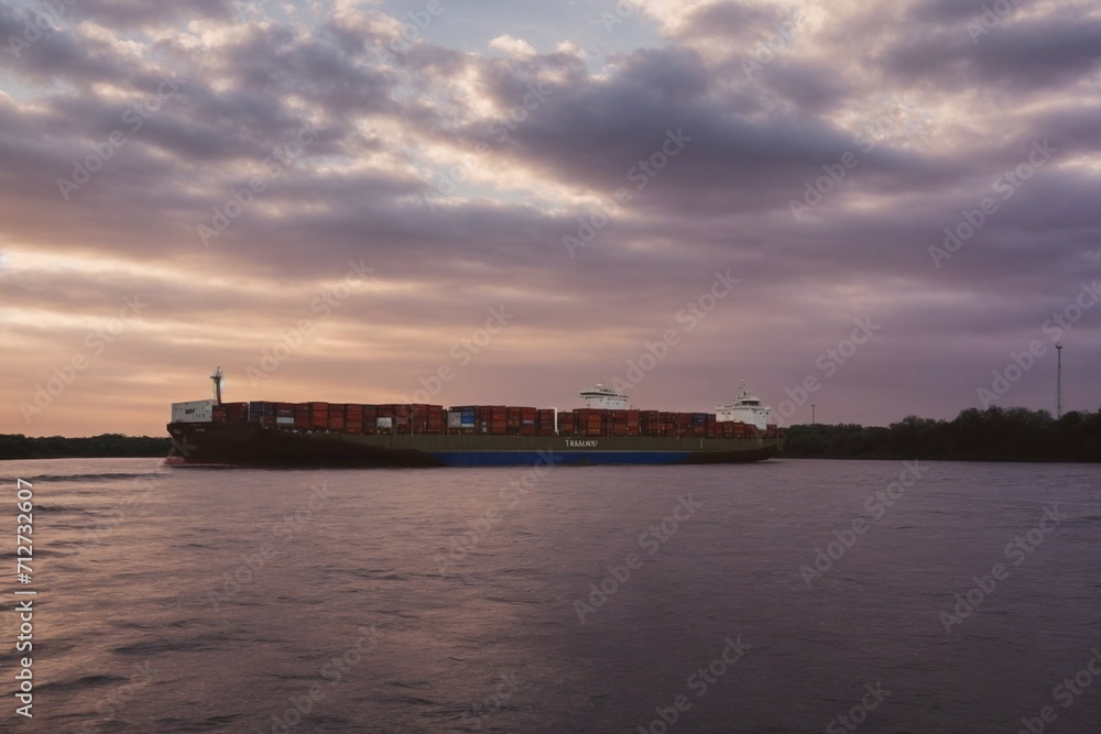 Large Cargo Ship in a Body of Water, Global Transport and Trade. Generative AI.