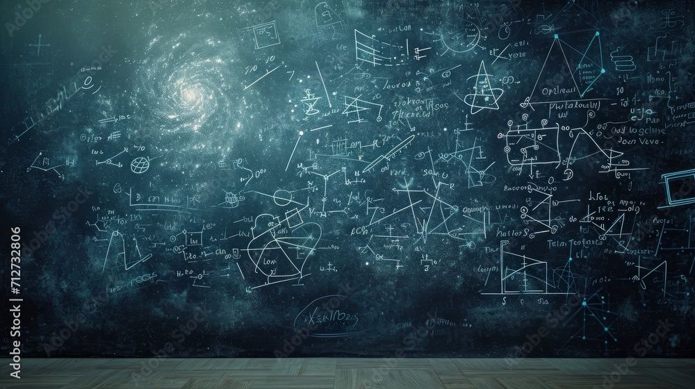 Operations and formulas of quantum physics handwritten with a chalk on the blackboard - obrazy, fototapety, plakaty 
