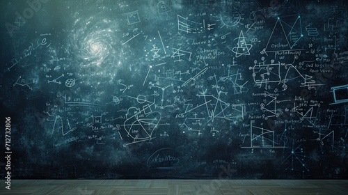 Operations and formulas of quantum physics handwritten with a chalk on the blackboard photo