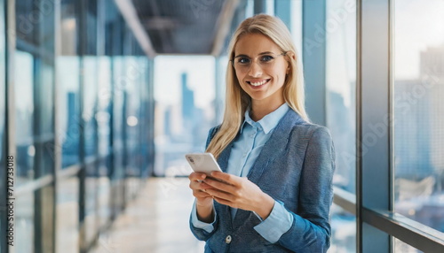 Young caucasian female project manager in skyscraper office building, using smartphone Free Download Young caucasian female project manager in skyscraper office building, using smartphone - GFXLoad
