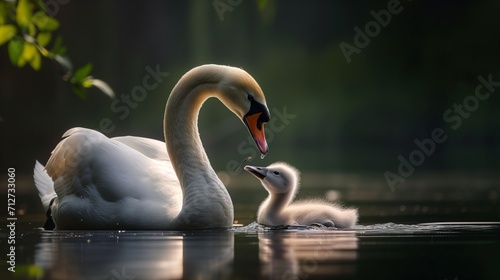 Fototapeta Naklejka Na Ścianę i Meble -  A swan surrounded by its children on a river, motherhood, water reflections, cinematic photography
