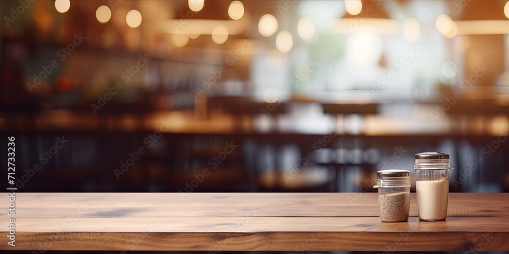 Blurred cafe or restaurant interior with creative blurry wallpaper, wooden desk. Mock up.