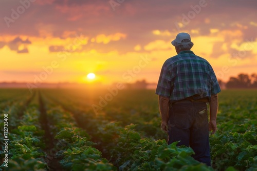 Rear view of senior farmer standing in soybean field examining crop at sunset 