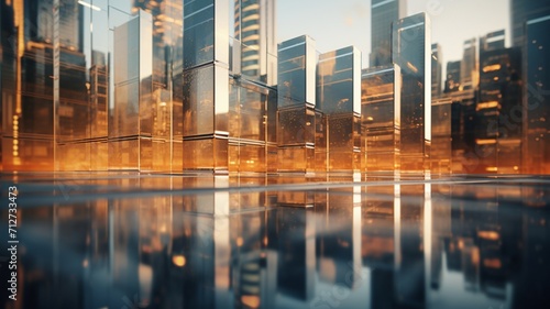 A reflection of a city skyline in the glass facade of a modern skyscraper at dusk -Generative Ai
