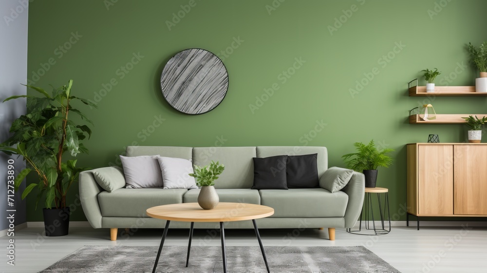 Obraz premium Modern scandinavian living room with green sofa, chair, and bookshelf against green wall.