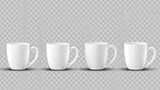Set of realistic white coffee mugs isolated on transparent background. Vector templates for Mock Up. Vector illustration
