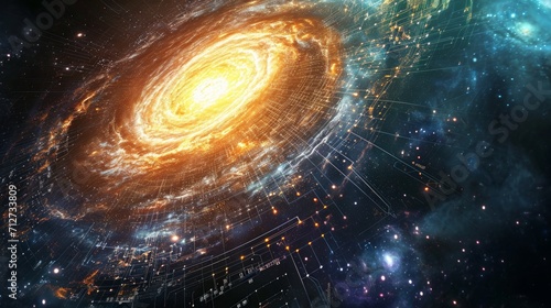 Science and research of the universe, spiral galaxy and physical formulas, concept of knowledge and education photo