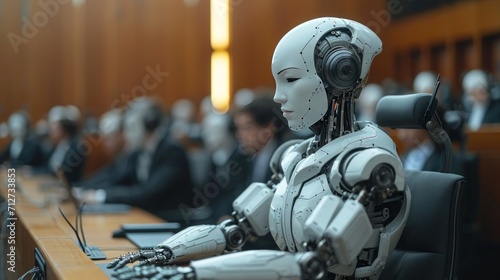 Photography of android robot, listening deal in coart,