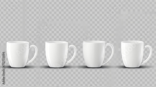 Set of realistic white coffee mugs isolated on transparent background. Vector templates for Mock Up. Vector illustration