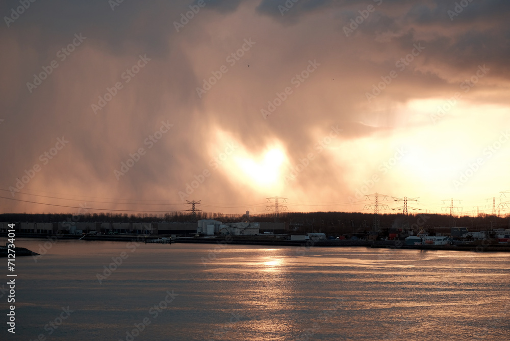 Massive Heavy Rainshower Over The Oil And Gas Terminal In The European Trade Port