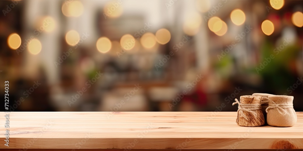 Display your products on a blurred wood table top in a market setting.