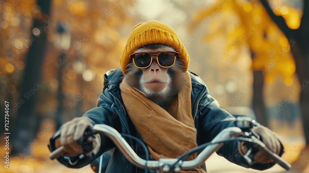 Monkey drive a bicycle in hipster outfit